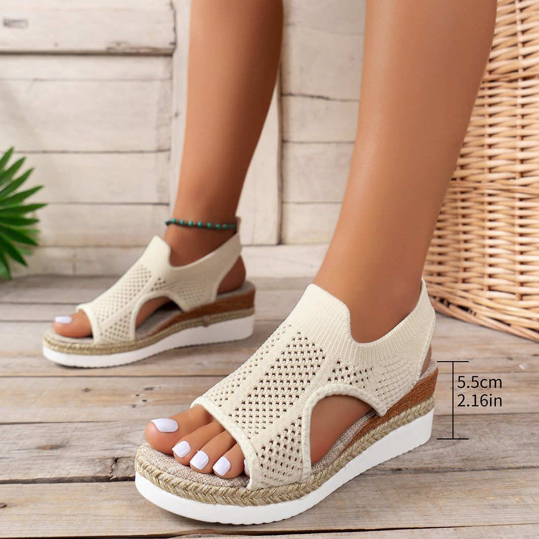 Womens Width Sandals Flat Wedge Heel Fly Weave Casual Hollow Beach Sandals